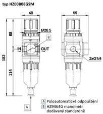 Filtr-regulátor velikost 0 G1/4 poloautomat manometr úchyt